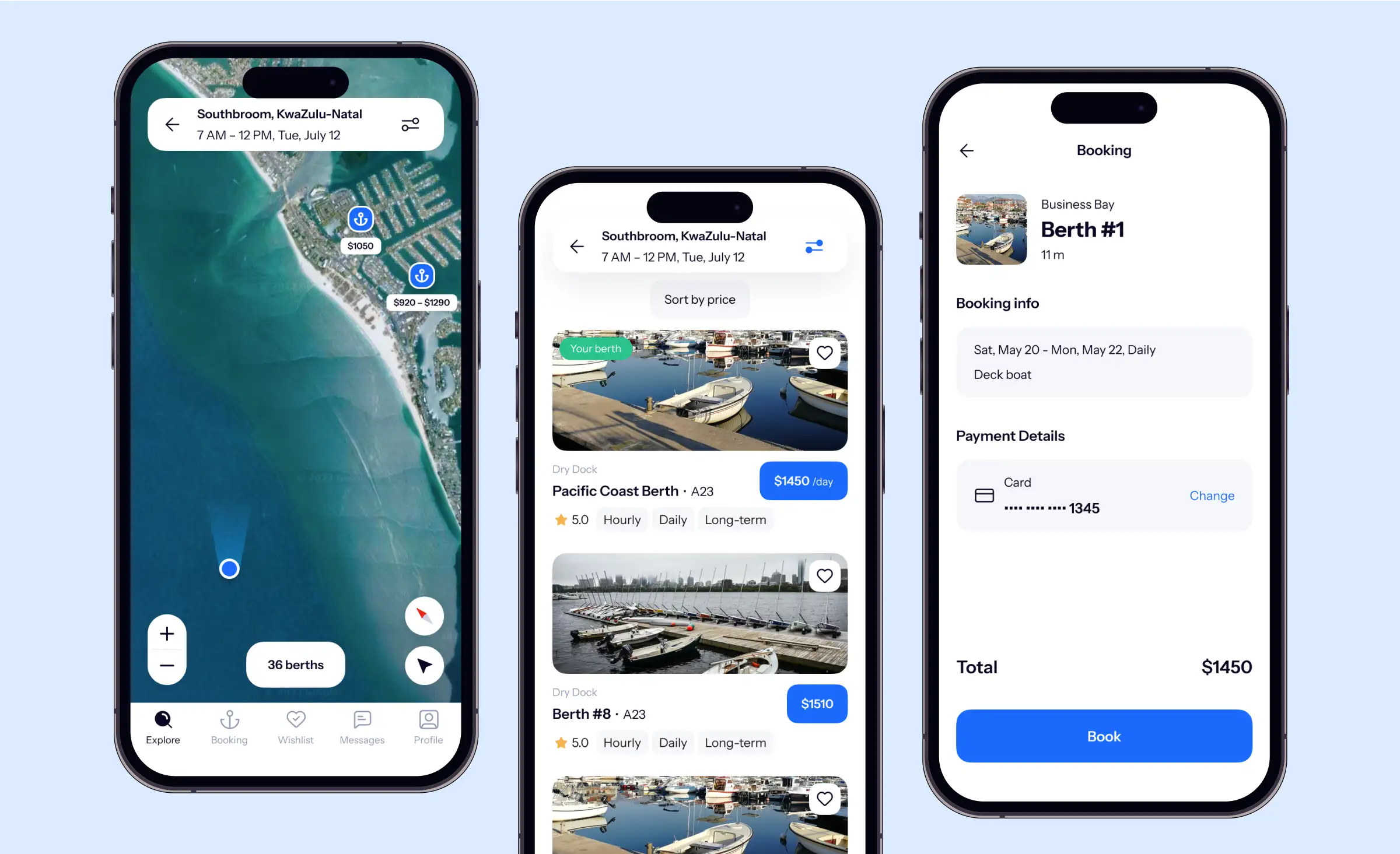 Mobile screens displaying a yacht berth booking app interface, featuring a map with available berths, a listing of berth options with prices, and a booking payment screen, developed by our dedicated software development team.