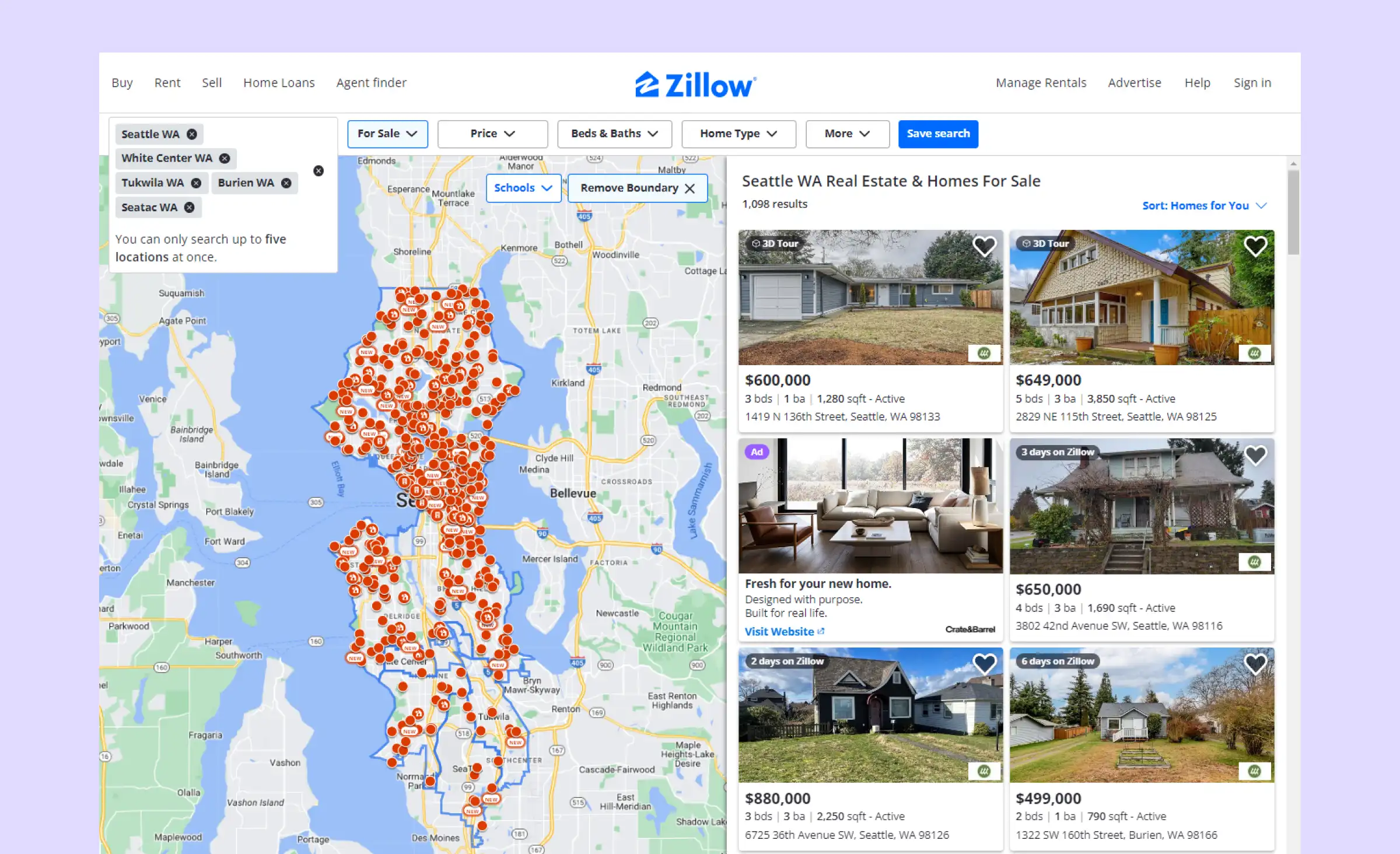 Real estate website design by Zillow featuring a property list accompanied by a map with marked properties.