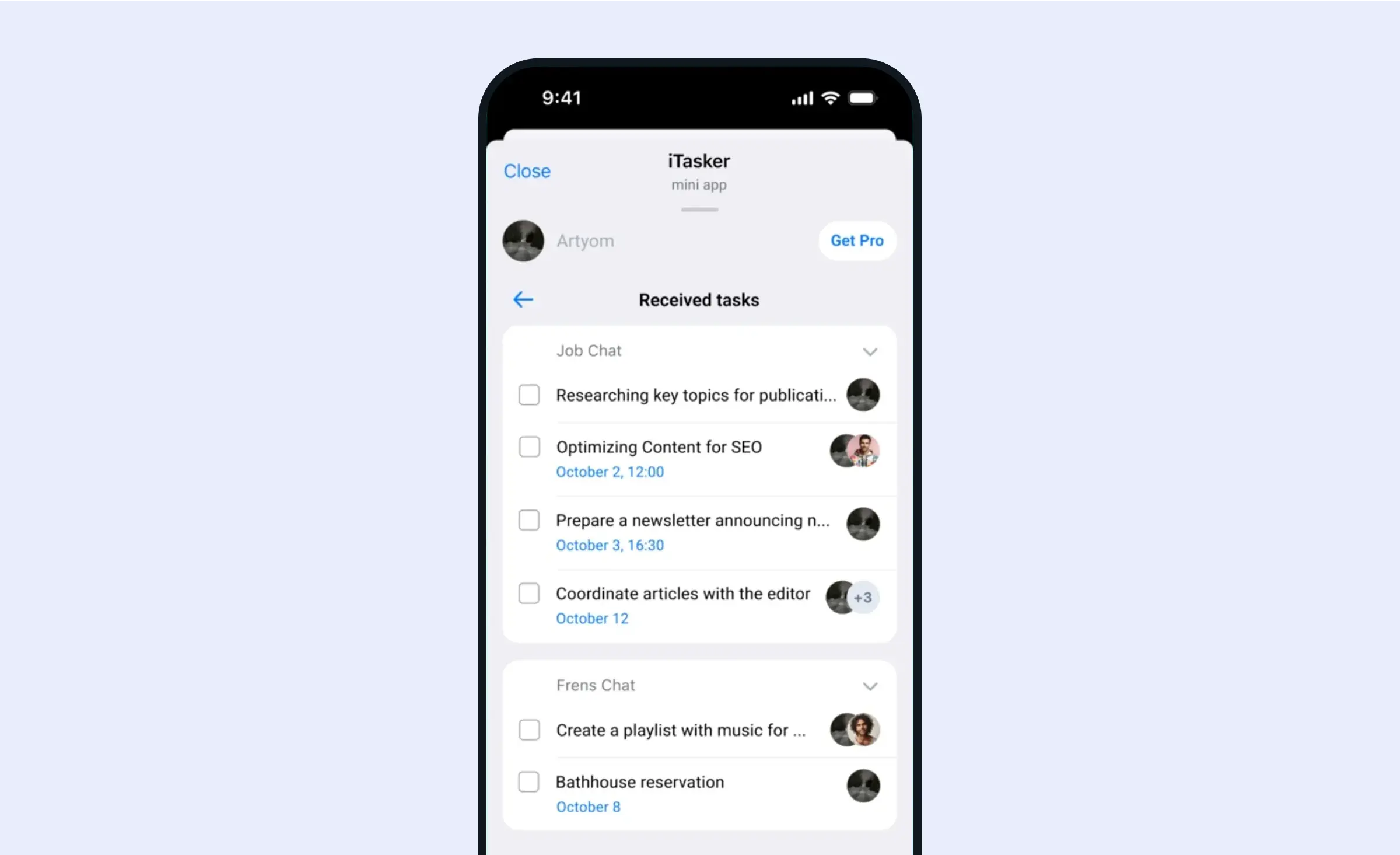 Screens of task management telegram mini app