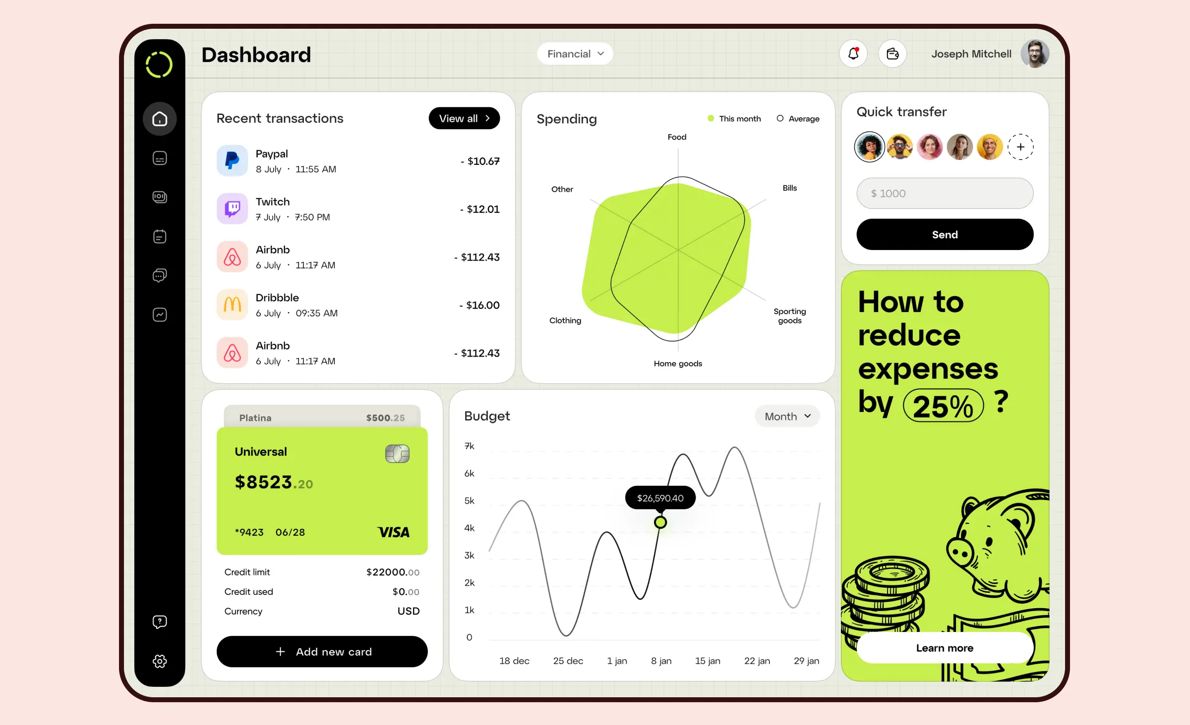 The financial services website design by Ronas IT includes a financial dashboard that displays budget statistics, as well as information about credit cards, spending, quick transfers, and recent transactions.