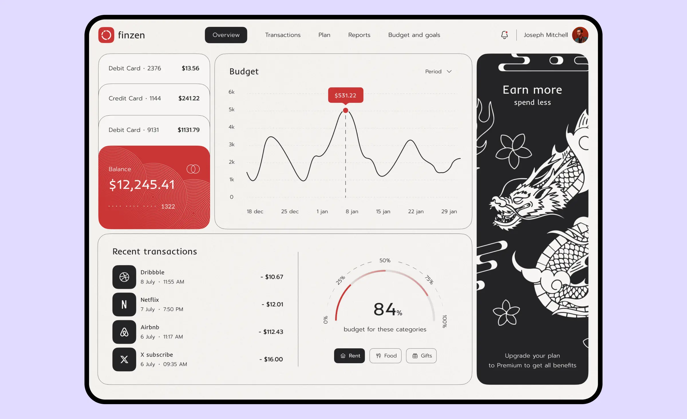 Personal finance app UI design example