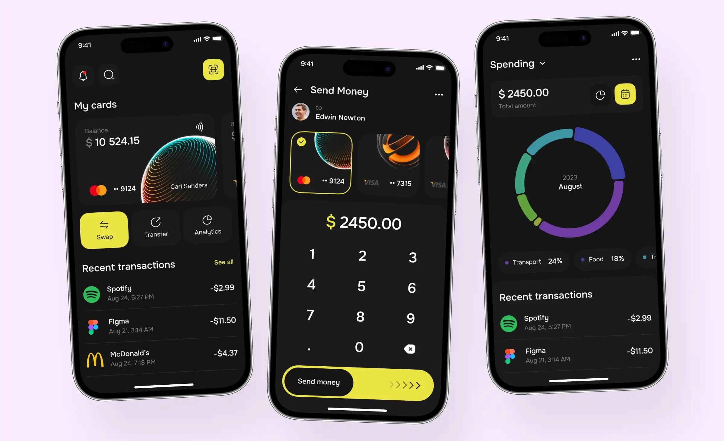 UI/UX design concept for a mobile banking app by Ronas IT, a fintech software development company. The image displays three screens. The first screen allows for managing cards, the second screen shows the process of sending money from a selected card, and the third screen shows the transaction statistics by categories and recent transactions.