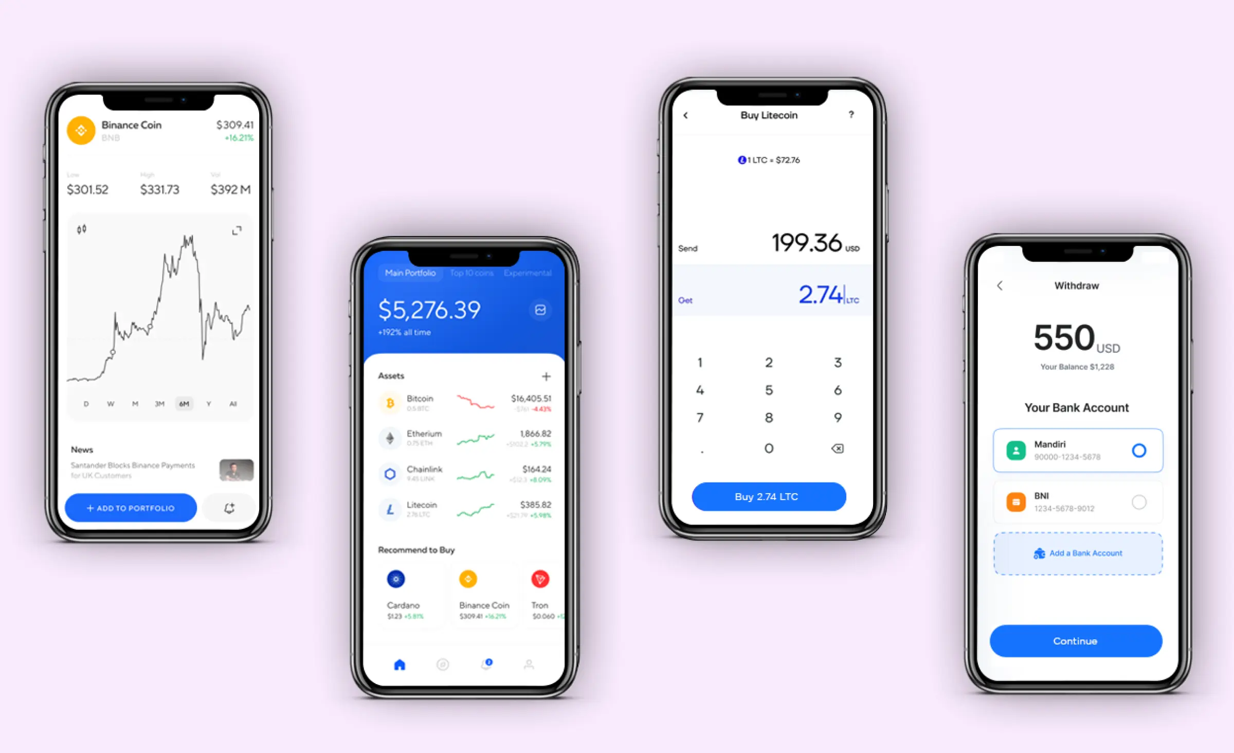 Capital and crypto management mobile app by Suffescom Solutions Inc., a fintech software development company. We see four screens. The first screen shows the stats on Binance Coin, the second displays the balance and stats on cryptocurrencies, the third shows the process of purchasing a cryptocurrency, and the fourth shows a choice of bank accounts to withdraw money from.