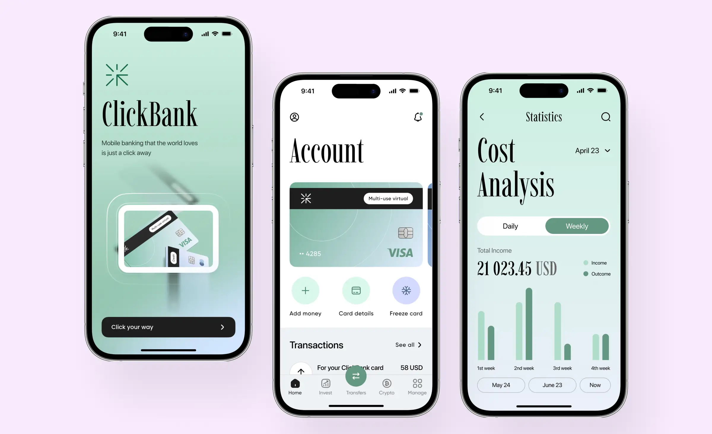 A mobile banking app UI/UX design by Ronas IT, a fintech software development company. The first screen is a starting page inviting the user to log in. The second screen shows the user account with card details. The third screen displays weekly statistics of income and expenses.