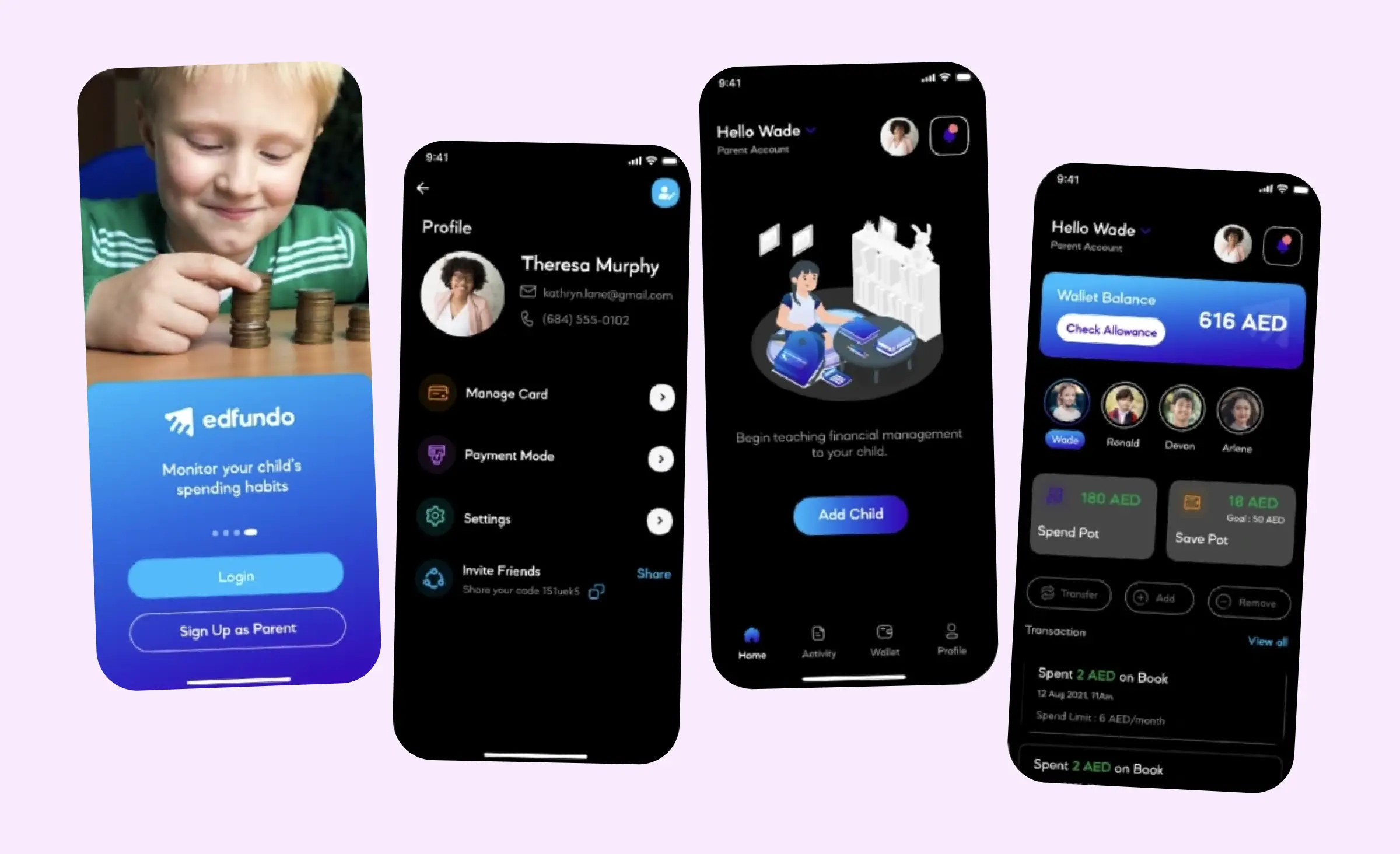 The Edfundo app, developed by Appinventiv fintech software development company, is a financial literacy education app for parents. The app features four screens: 1) a login page showcasing a boy counting coins in three piles, 2) a user profile and menu offering features such as managing cards, accessing payment mode, adjusting settings, and inviting friends, 3) a screen allowing users to add a child to their profile to begin teaching them financial concepts, and 4) a screen displaying wallet details.