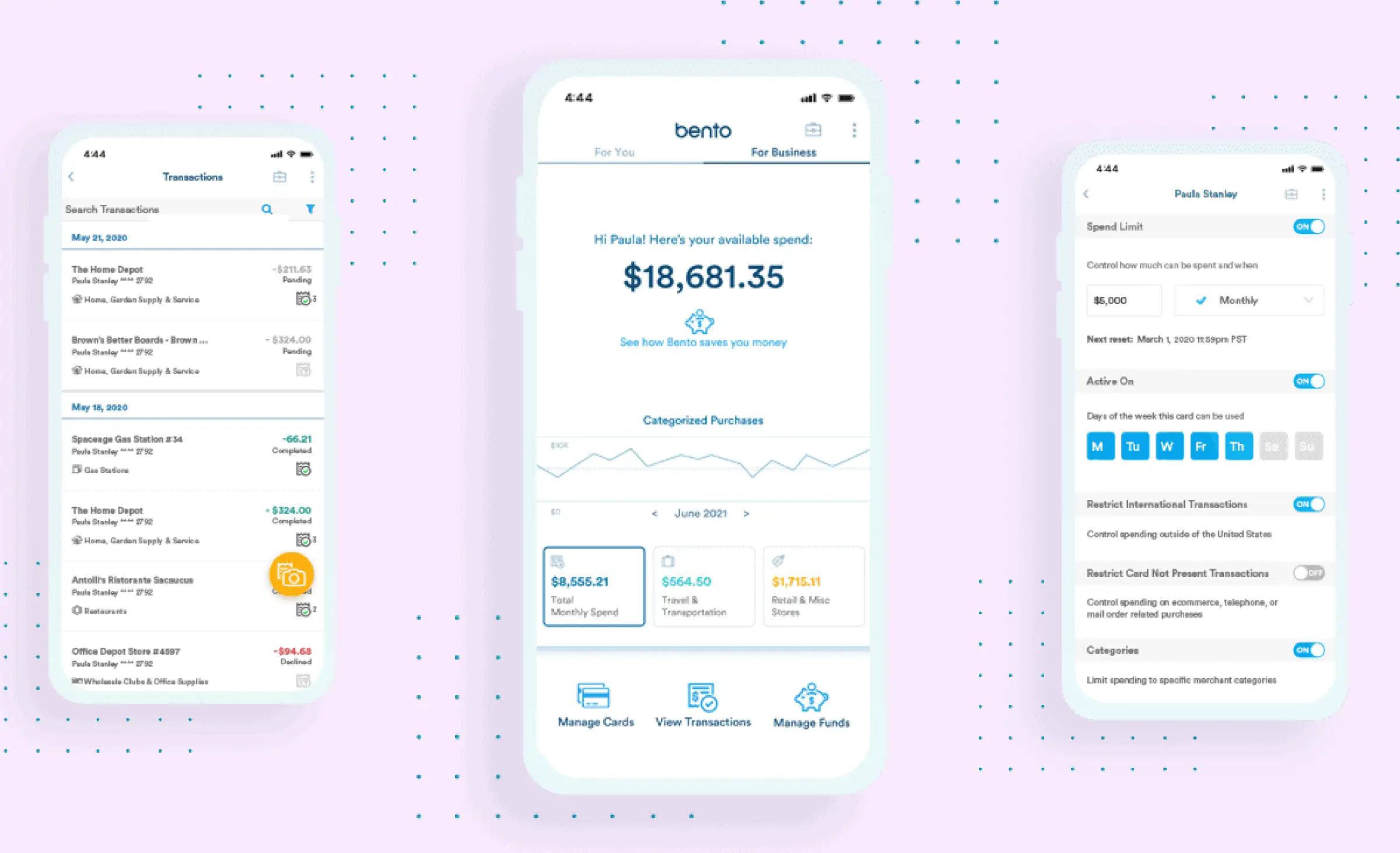 This shows the functionality of the Bento app, developed by Azumo fintech software development company. The image displays three screens of the Bento application. The first screen shows transaction details, the second screen shows account details such as balance and cards, and the third screen is for profile settings.