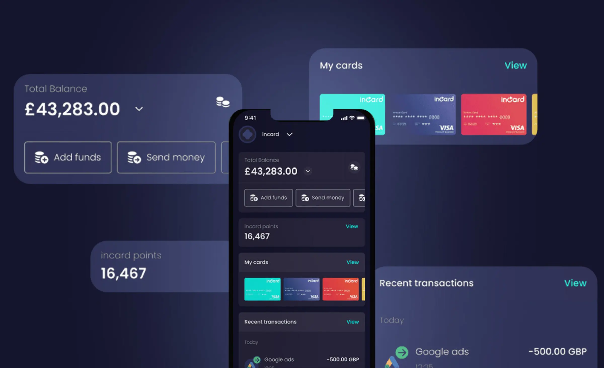 A mobile banking app built by Code&Pepper, a fintech software development company. The screen shows the user profile, allowing for card management, balance viewing, and recent transactions review.