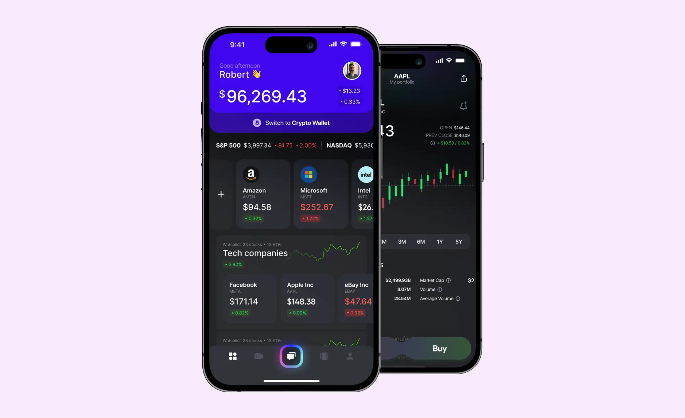 A stock market navigation app developed by Diffco fintech software development company. We see two screens. The first screen displays the user's profile, showing their balance, portfolio, and data on tech companies. The second screen provides detailed information about a specific stock.