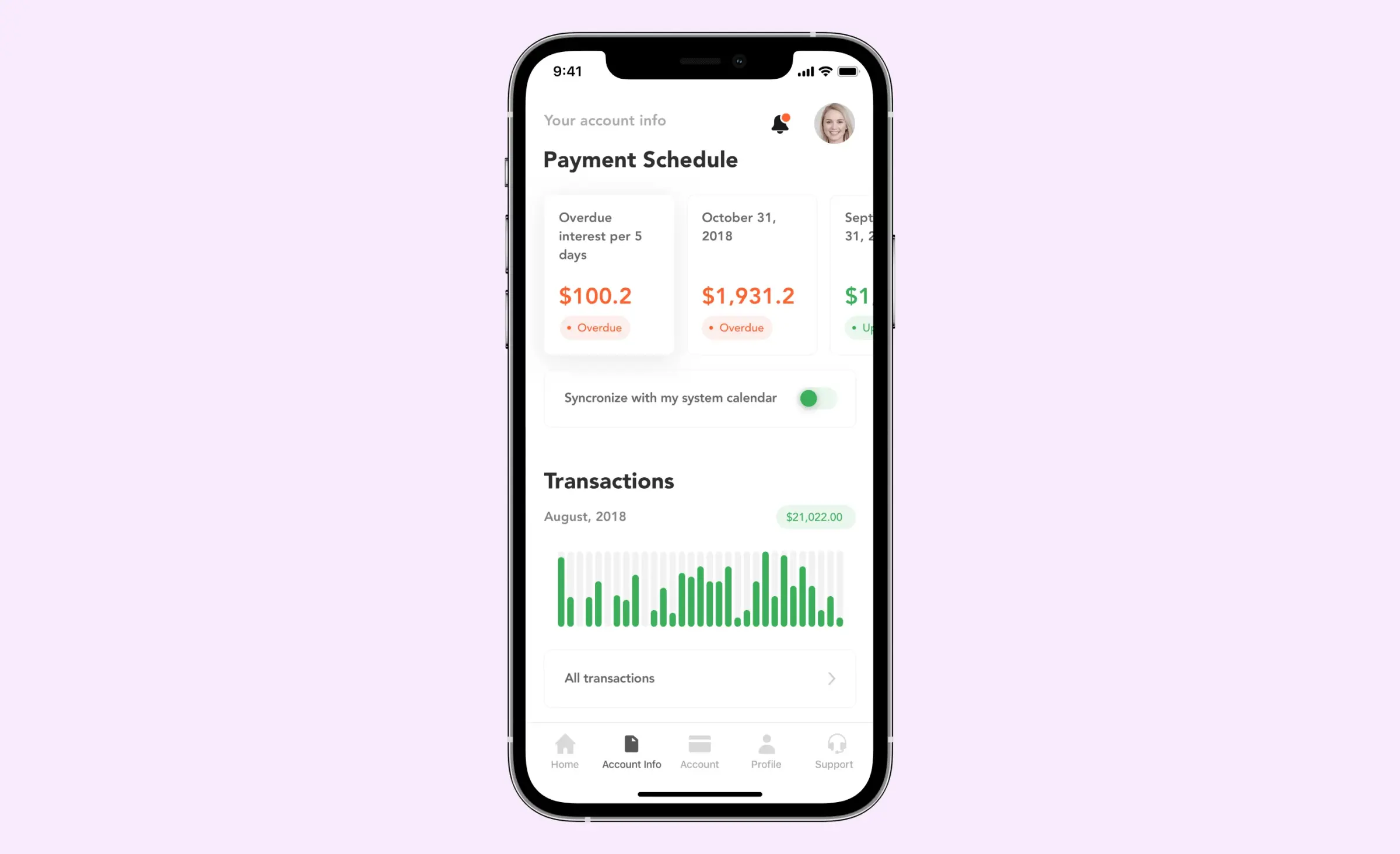 An app for instant loans developed by Itexus fintech software development company, showcasing a user's payment schedule and transaction statistics from the past month.