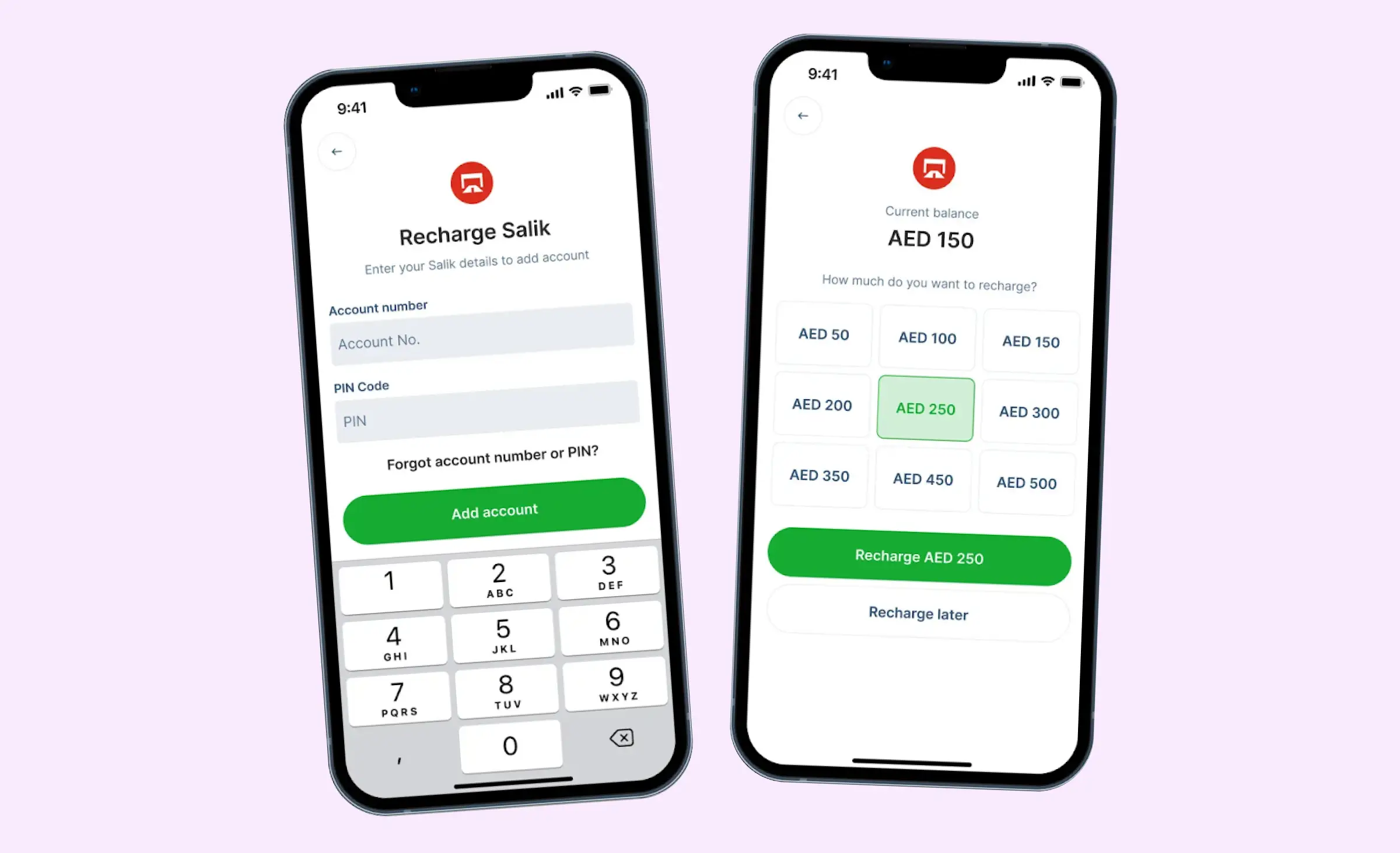 UI/UX design created by Netguru, a fintech software development company. On the image, we see two screens of a mobile banking application. The first screen allows a user to add an account by providing an account number and PIN code. The second screen offers the option to recharge a balance and choose from multiple ready options, like AED 50, AED 100, AED 150, etc., or to recharge later.