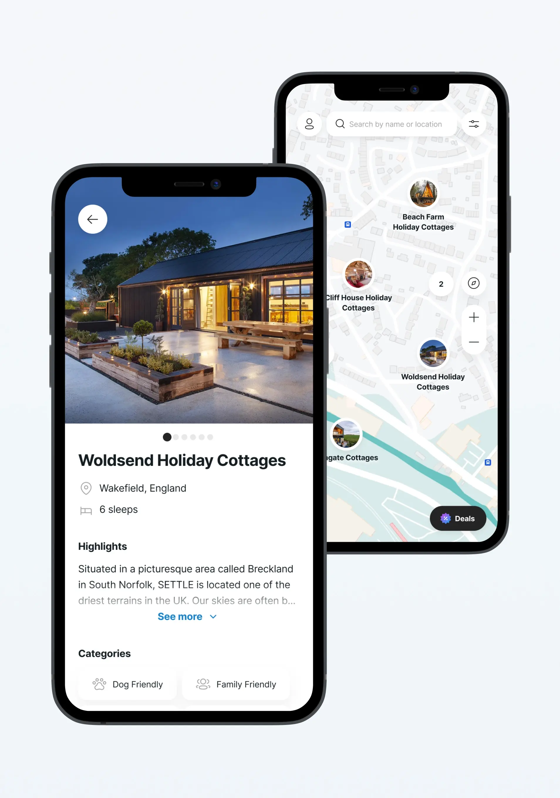This booking app mobile application showcases the results of iOS development. It features two screens: the first displays accommodation details, while the second presents a map with property markers.