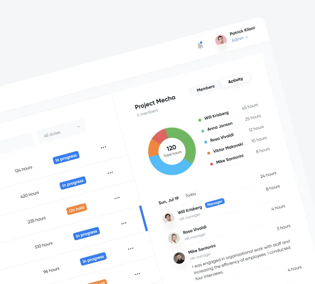 An image of a project management web application exemplifying the results of software development services for startups. It features employee progress on tasks and a list of tasks.