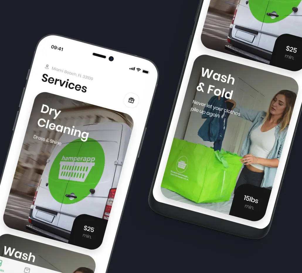 Screens of a laundry mobile application exemplifying the results of software development services for startups. We see the home page screen and the services selection: 'Wash and Fold' and 'Dry Cleaning.'