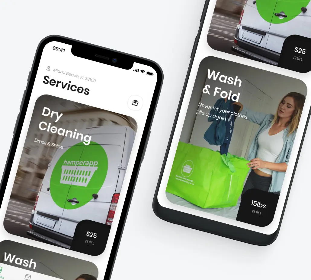 Screens of a laundry mobile application exemplifying the results of software development services for startups. We see the home page screen and the services selection: 'Wash and Fold' and 'Dry Cleaning.'