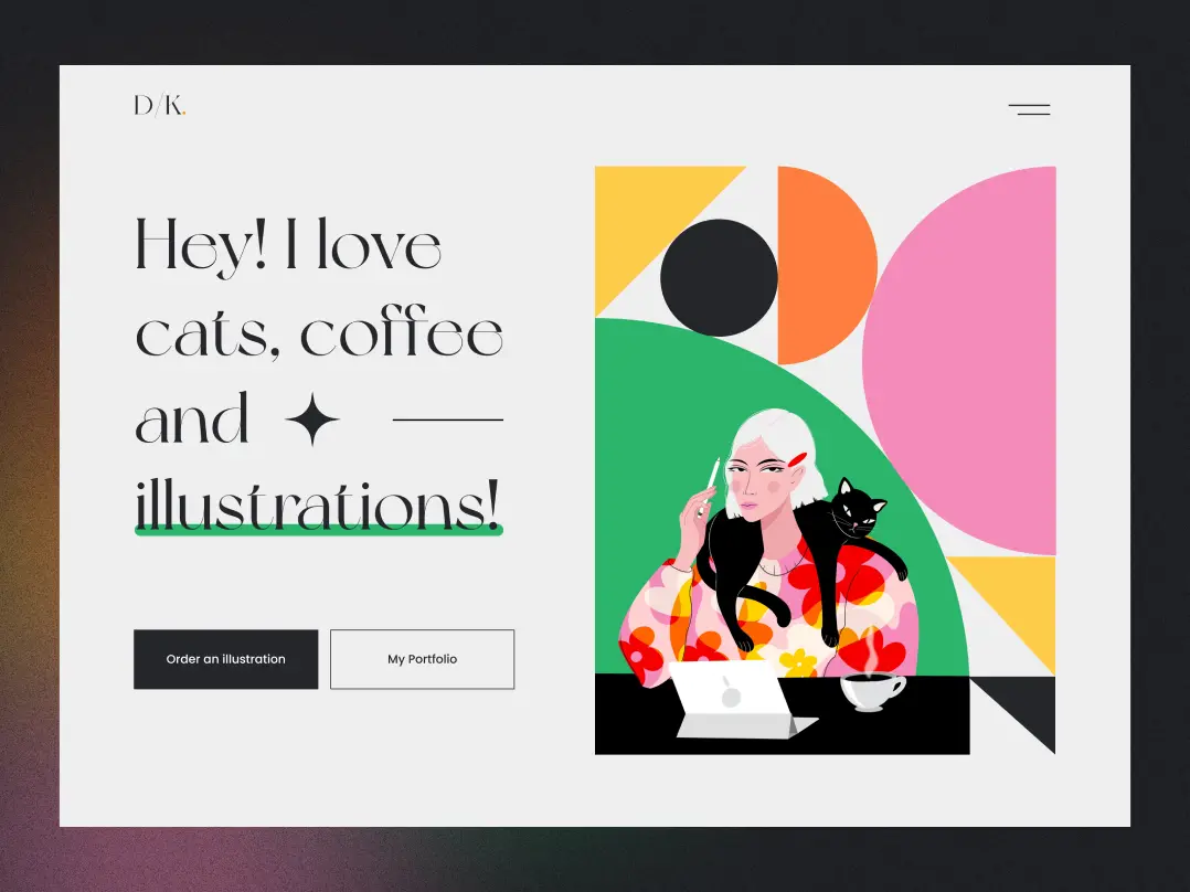 An image of an illustrator's personal website. The website features the title "Hey, I love cats, coffee, and illustrations," along with buttons for "Order an Illustration" and "My Portfolio." On the right side of the page, an illustration depicts a girl with a black cat lying on her shoulders. The girl is seated in front of a tablet and a cup of coffee, holding a stylus in her right hand.