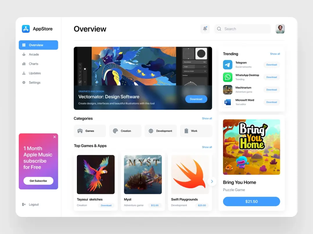 An app store website redesign. The overview page features app categories, a list of top games and apps, trending apps, and a puzzle game promotion.