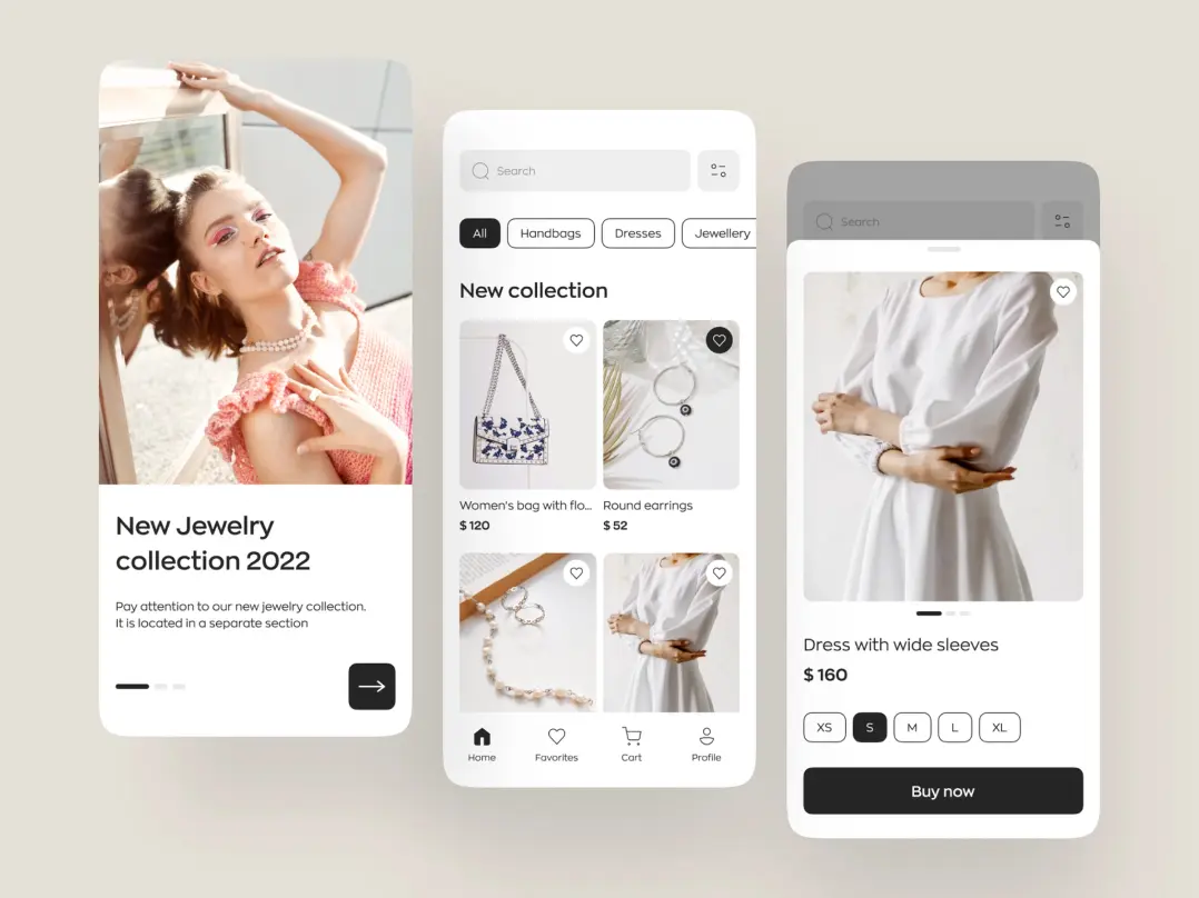 Three screenshots of a marketplace design. The first screenshot is titled "New jewelry collection 2022" and features a model wearing a pearl necklace from the collection. The second screenshot is titled "All" and displays items from the new collection, including a bag, earrings, a necklace, and a dress. The third screenshot shows a dress image with details such as cost, size selection, and a "Buy Now" button.