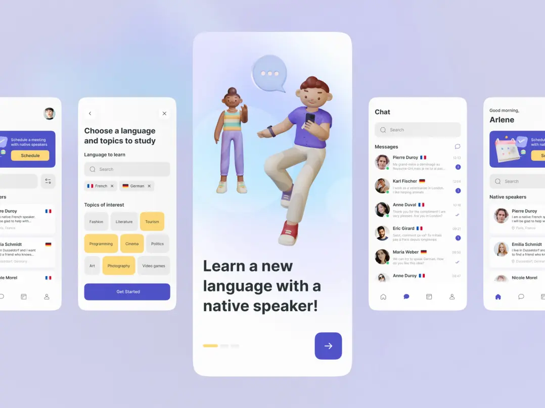 Screenshots of&nbsp;a language learning mobile app. the&nbsp;images showcase features like language selection, study topics, a&nbsp;welcome page, chat page, and the&nbsp;homepage. the&nbsp;app has a&nbsp;white background with bright blue and yellow accents for&nbsp;a&nbsp;fun learning experience.