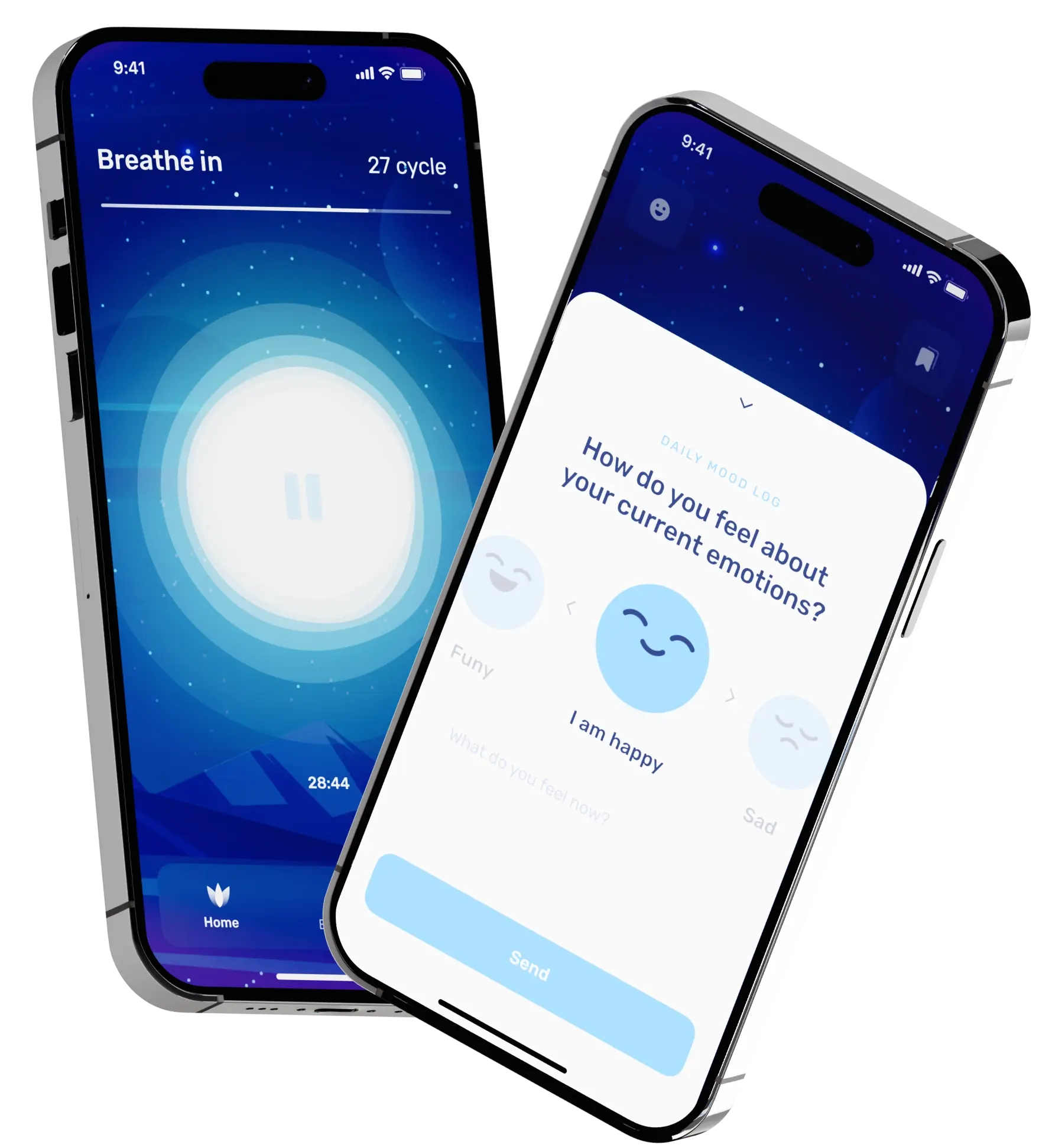 The app features two screens. The first guides users through a breathing session, using an intuitive moon-shaped button.  After completing the session, the second screen allows users to select their current emotion: "Having fun," "Happy," or "Sad."