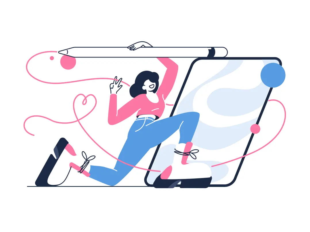 A graphic design element showing a schematic picture of a girl holding a stylus and sitting in front of a large tablet.