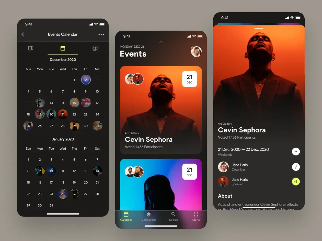 An event mobile app design featuring three screens: a calendar of upcoming events, a list of events, and event details showing a Cavin Sephora exhibition announcement with dates, organizers, and an artist's photo.