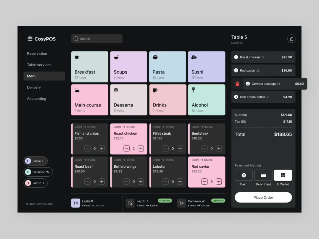 A point of sale management web application UI/UX design in dark mode with pastel accent colors, highlighting menu positions.