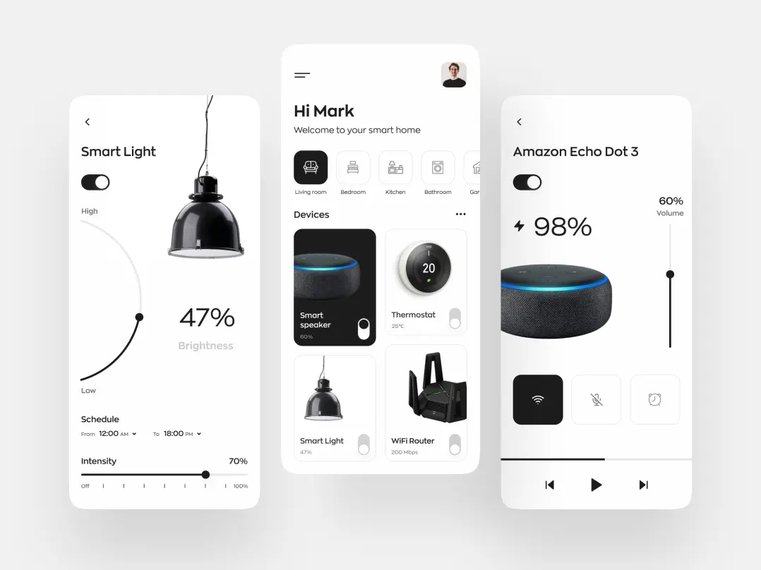 A smart home mobile app design. It features a smart light page with settings, a home page with a selection of rooms and devices, and a page for the Amazon Echo Dot 3 with settings.