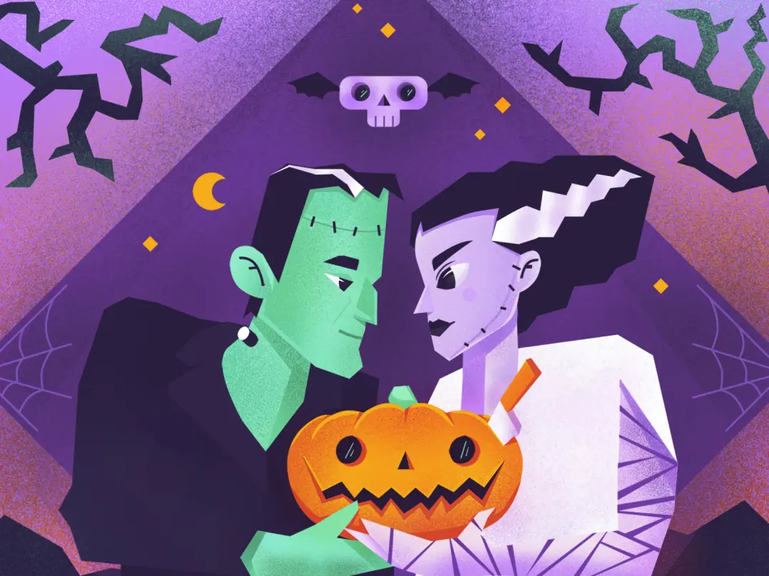 A graphic design of a Halloween postcard featuring a couple dressed up as zombies holding a jack-o’-lantern. Above them is a skull with bat wings