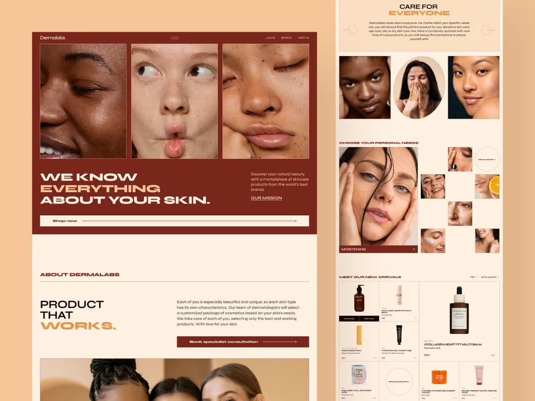 A skincare company website UI/UX design with images of the models and the latest arrivals.