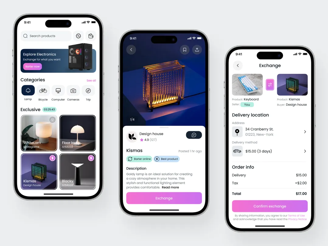 A swap marketplace mobile application UI/UX design featuring a catalog, item details, and the process of exchanging items.