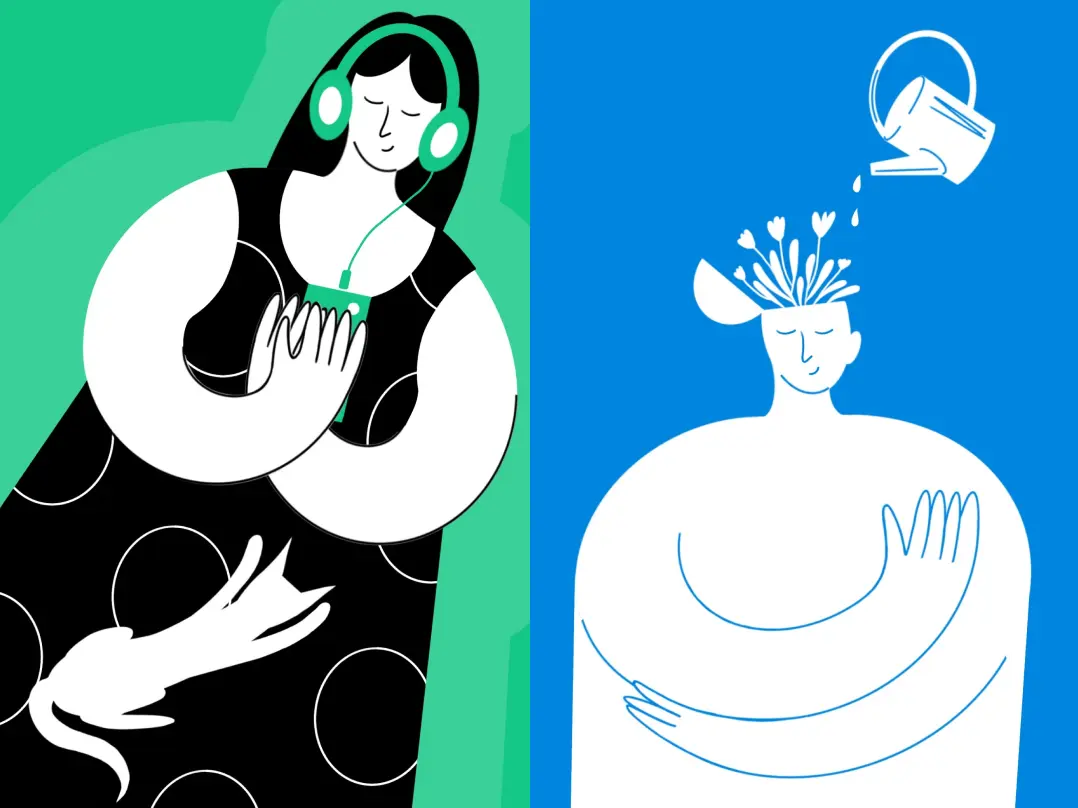 A graphic design element suitable for a mental health app interface. It depicts a calm girl listening to music with headphones. Beside her, a man holds himself, and he is being watered like a plant. Flowers are growing out of his head.