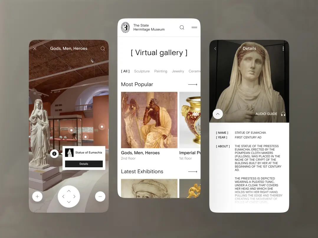 A museum mobile app design featuring three screens: a virtual tour of one of the exhibition halls, a virtual gallery with museum objects, and a detailed description of a selected object – an antique statue.