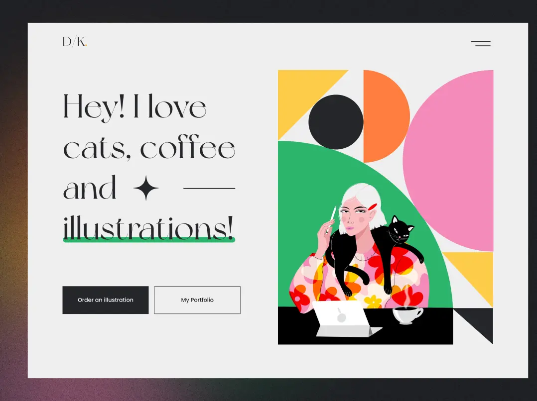 An image of an illustrator's personal website. It demonstrates how a graphic design element can improve the page. There is an illustration of a girl with a cat and tablet symbolizing an illustrator’s personality and interests.