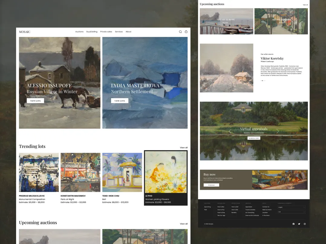 An art dealership agency website UI/UX design displaying different categories of fine art, trending lots, and upcoming auctions.