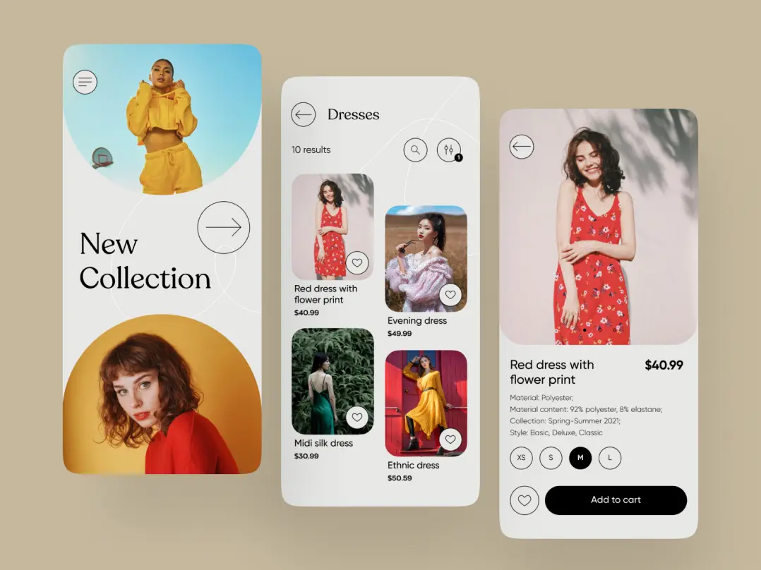 A colorful marketplace mobile app design featuring a new collection banner, a catalog of dresses, and a product card with a detailed description of a red dress.