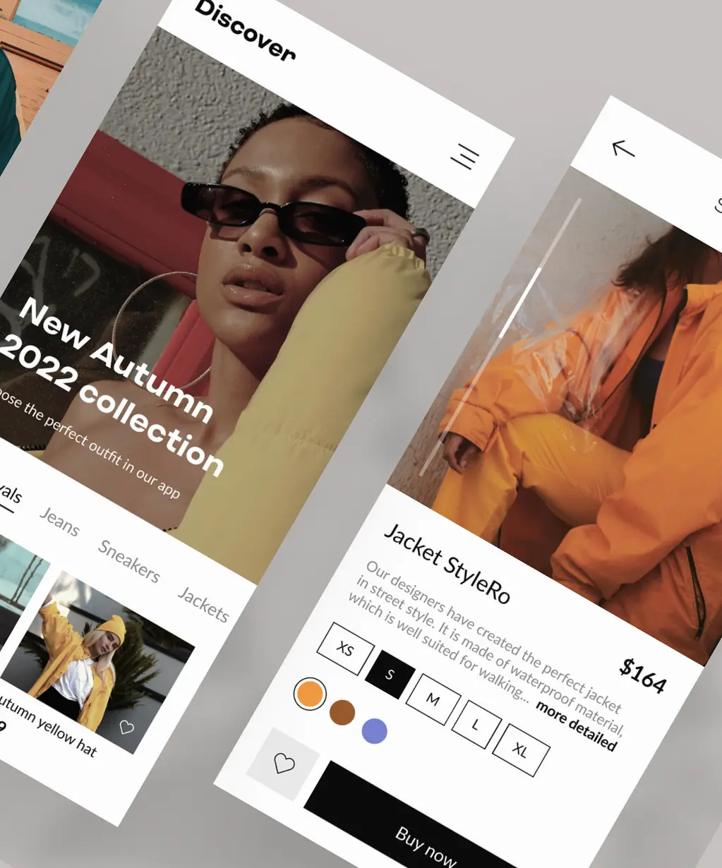 Screens of a marketplace mobile app UI/UX design. The first screen showcases a new autumn collection, while the second screen provides details of a single item.