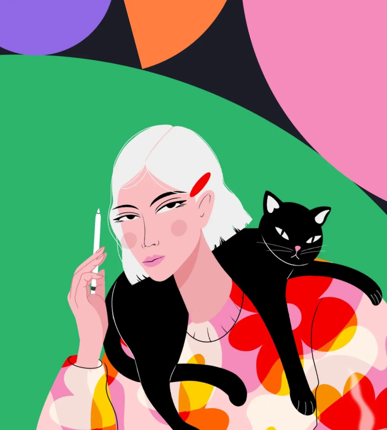 An image of a girl with a cat lying on her shoulders. Creating illustrations is a part of graphic design services.