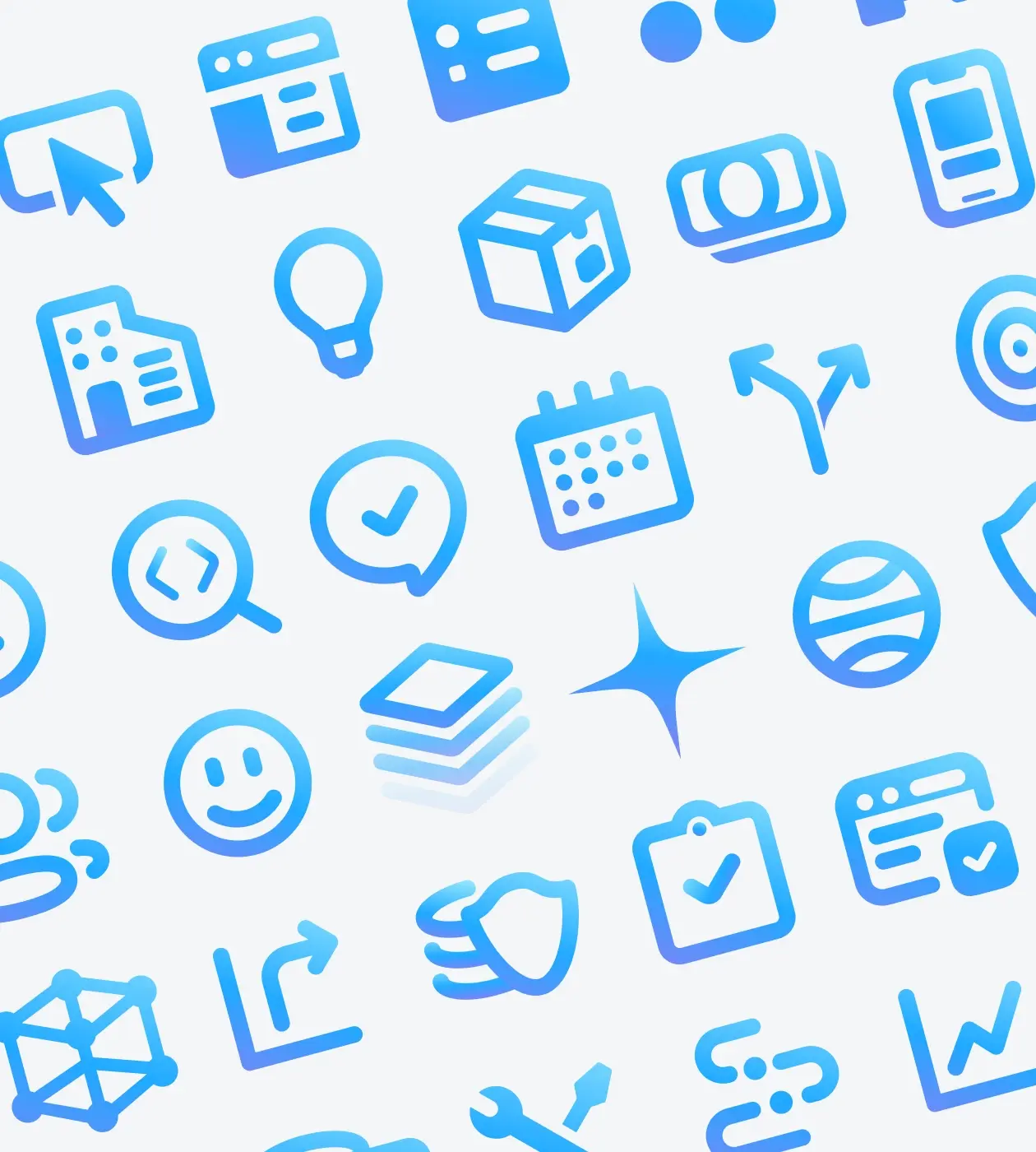 Graphic design of multiple icons in blue color.