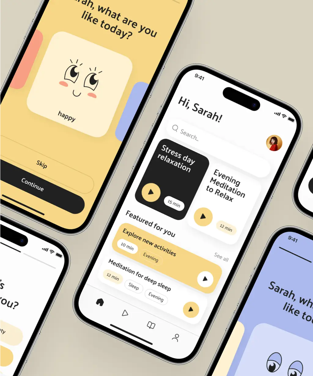 Screenshots of a meditation app UI/UX design. The main screen displays a greeting message and various meditation collections.