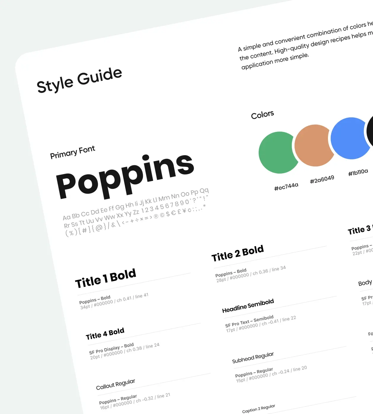 A style guide with fonts, colors, titles types is a part of graphic design services.