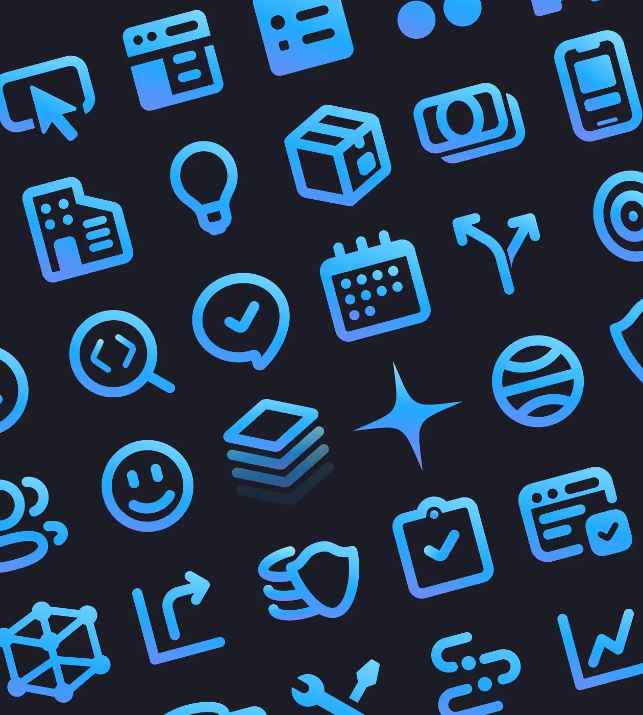 Graphic design of multiple icons in blue color.