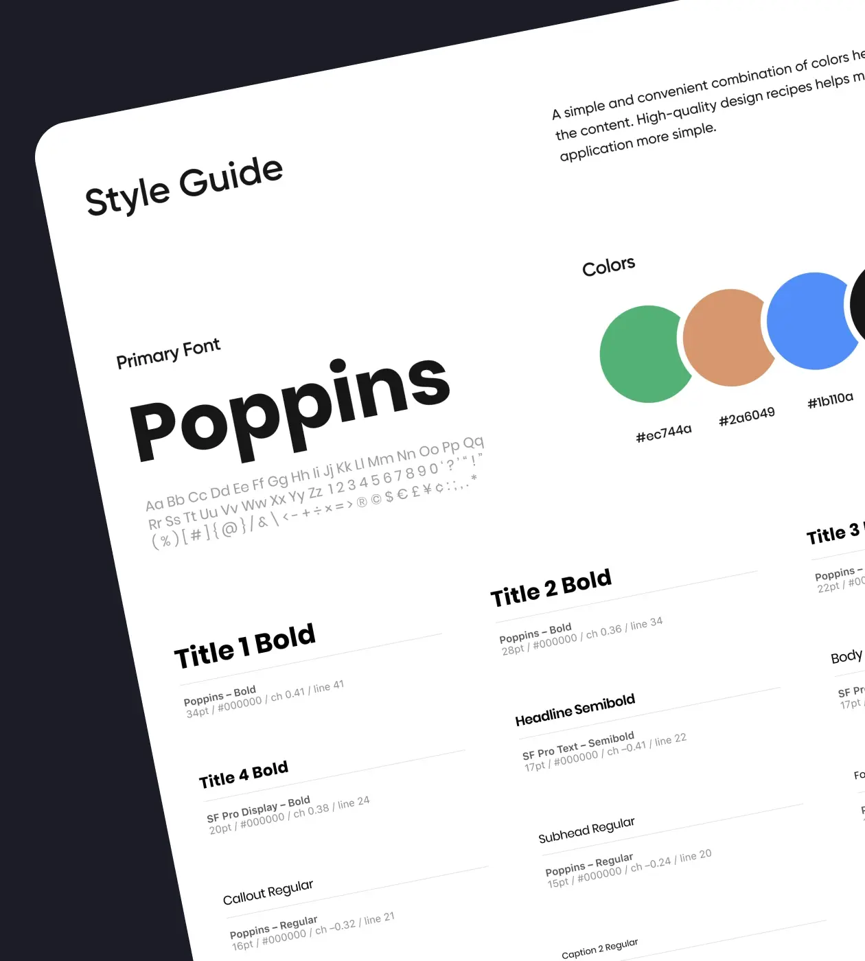 A style guide with fonts, colors, titles types is a part of graphic design services.