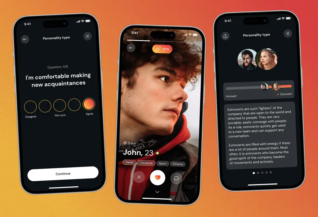 Three screens of the dating app UI/UX design. The first one features a personality type test, the second one demonstrates a user’s profile, the third screen shows a level of the match based on personality types.