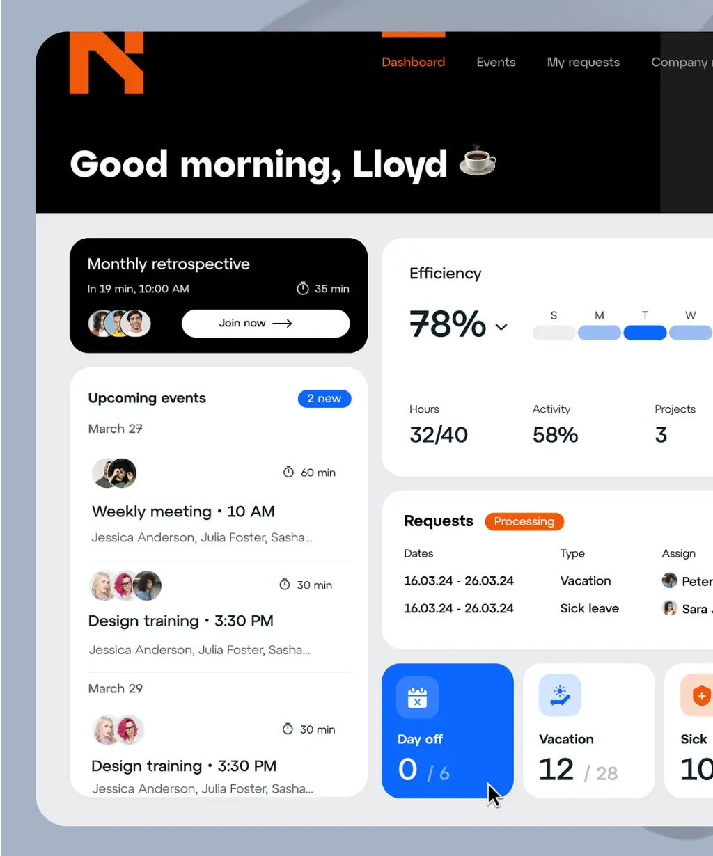 A task management application UI/UX design which allows users to view their efficiency percentage, requests, meetings, and other work-related tasks.