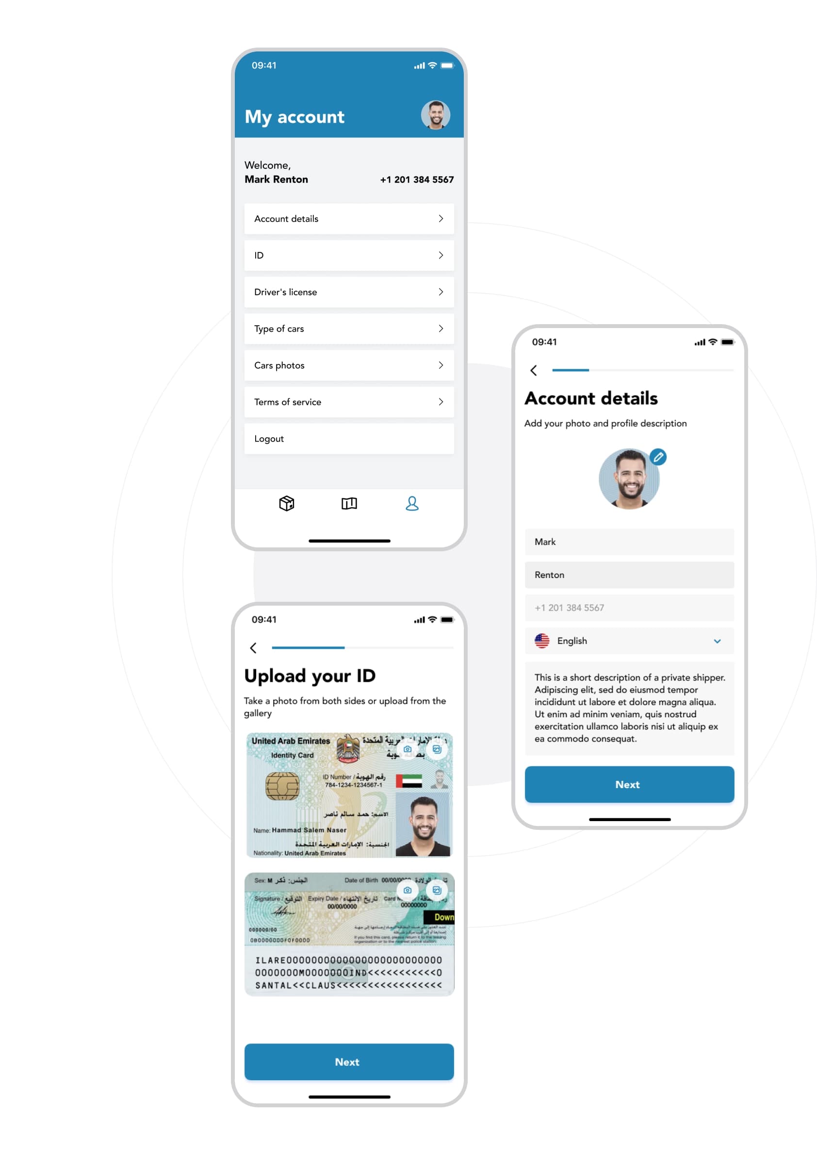 Three screens from the shipper's application. The first screen allows the user to choose which profile details to add, including account details, ID, driver's license, type of vehicles, and vehicle photos. It also features terms of service and logout buttons. The second screen displays a form for adding account details such as name, photo, short bio, and phone number. The third screen shows the ID uploading screen, displaying a driver's ID.