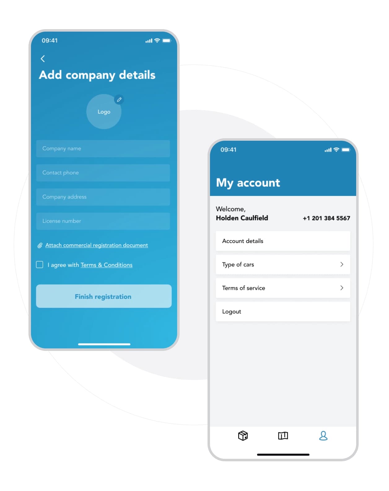 Two screens of the ShipMe application. The first screen prompts users to add company details. The second screen allows users to view account details, types of cars, terms of service, and log out.