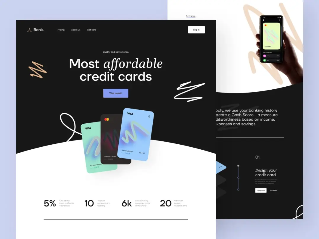 A screenshot of an online banking website's homepage. The screenshot showcases images of credit cards with a "Most affordable credit cards" call to action. Additionally, there's a button for a trial month offer and some statistics displayed. The page's design uses a monochromatic color scheme with ochre accents.