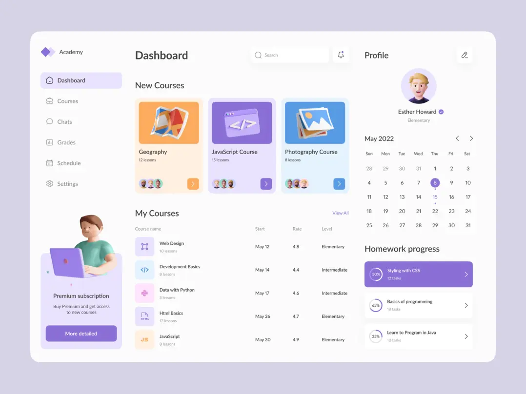 An online education platform design. We see a&nbsp;dashboard featuring available new courses, a&nbsp;calendar, a&nbsp;list of&nbsp;selected courses, and homework progress stats. On the&nbsp;left side, there is a&nbsp;menu with options: Dashboard, Courses, Chats, Grades, Schedule, and Settings. Also, there is an ad offering a&nbsp;premium subscription. the&nbsp;color palette of&nbsp;this design is light with violet accents.