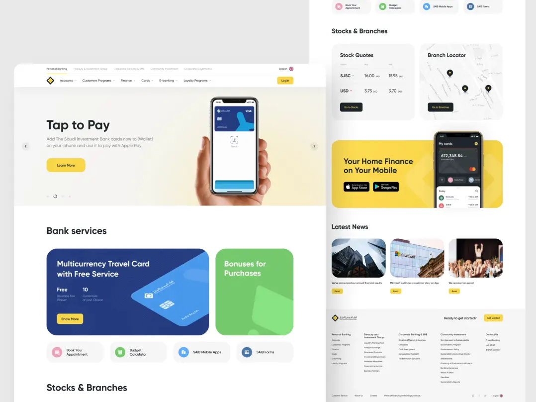 Homepage of&nbsp;a bank website design featuring information on NFC payments with the&nbsp;bank's app, an overview of&nbsp;banking services, details on stocks and branches, a&nbsp;promotion of&nbsp;the&nbsp;bank's mobile app, and the&nbsp;latest financial news.