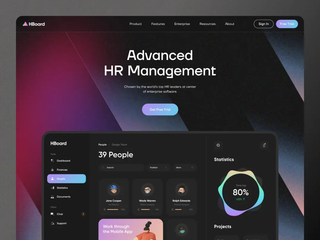 A dark-themed landing page for an HR management system. The headline reads "Advanced HR Management" with a "Get Free Trial" button below. The page also displays a screenshot of the HR management app interface.